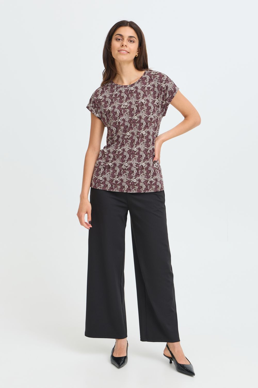 Fransa T-shirt imprimé paisley aubergine avec revers aux manches 20610634
