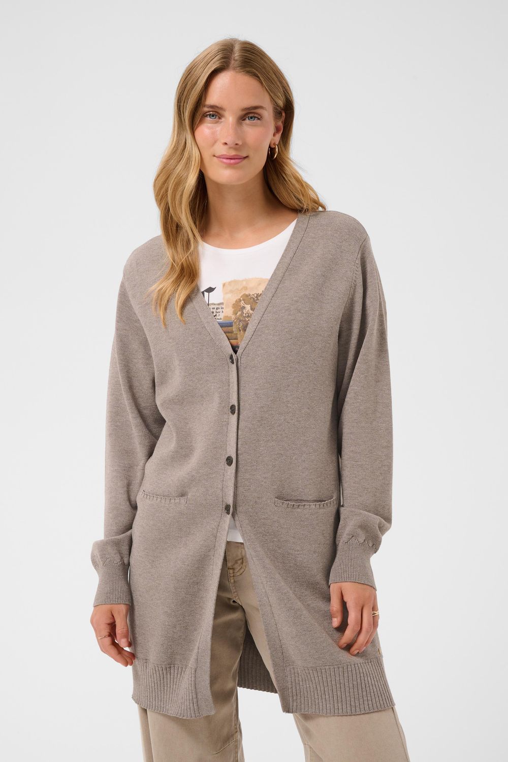 Cream Cardigan long avec boutons et poches couleur taupe 10615538