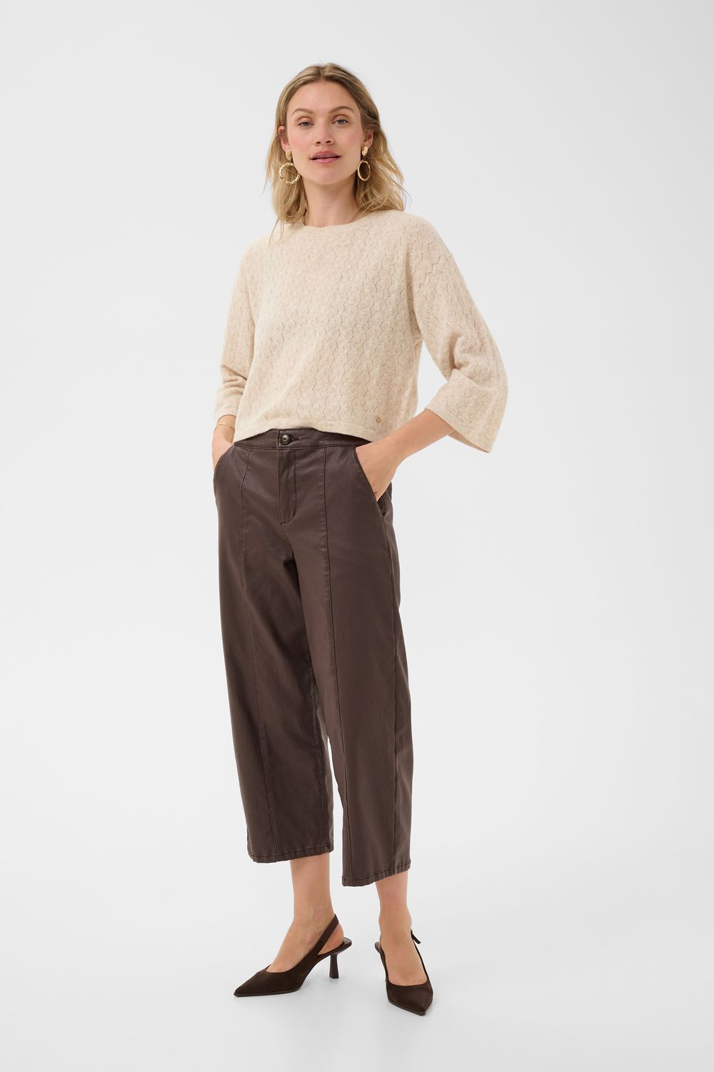 Cream Chandail en tricot léger manches 3/4 avec détails ajourés 10615365