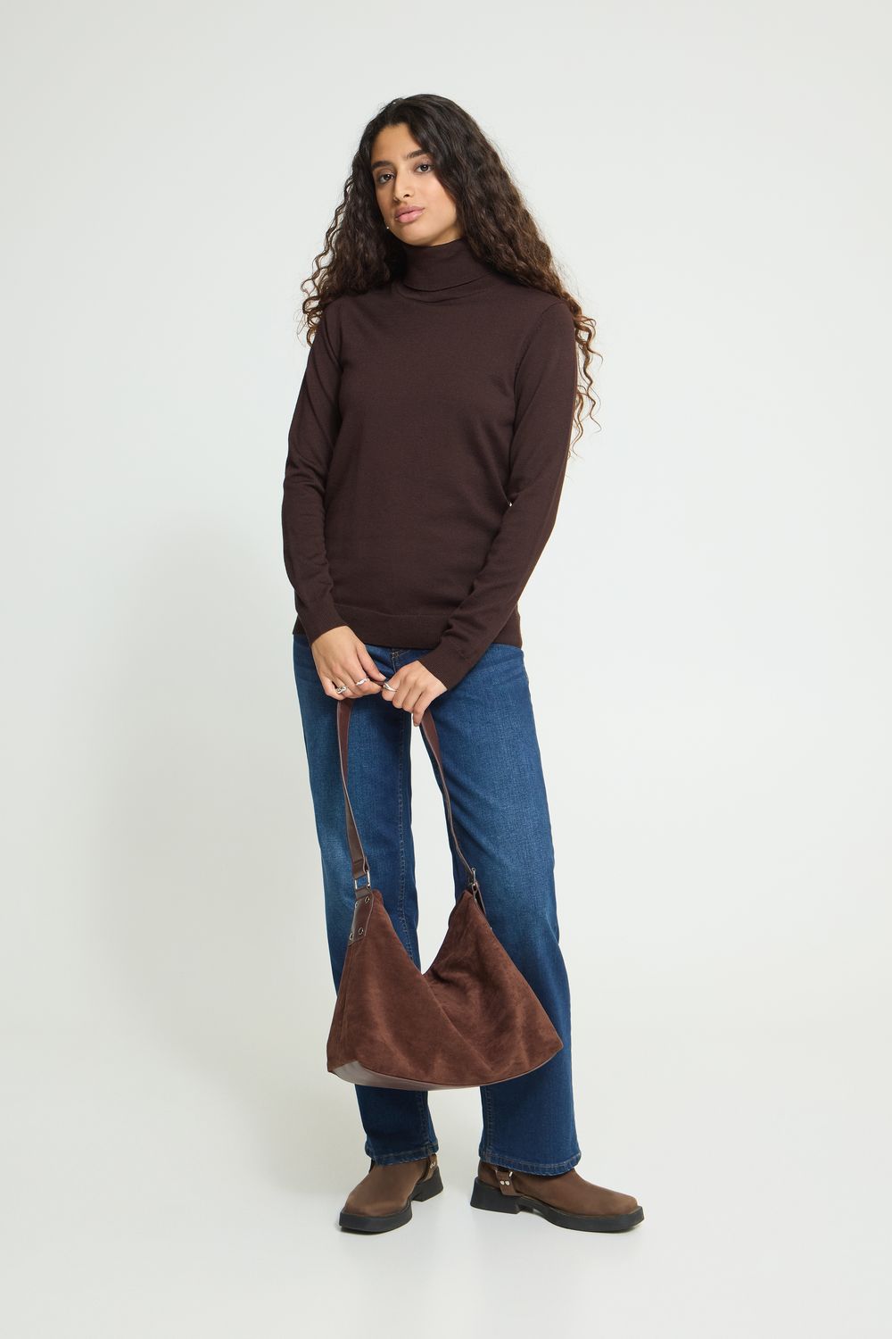 ICHI Chandail en tricot manches longues brun chocolat avec col roulé 20126198
