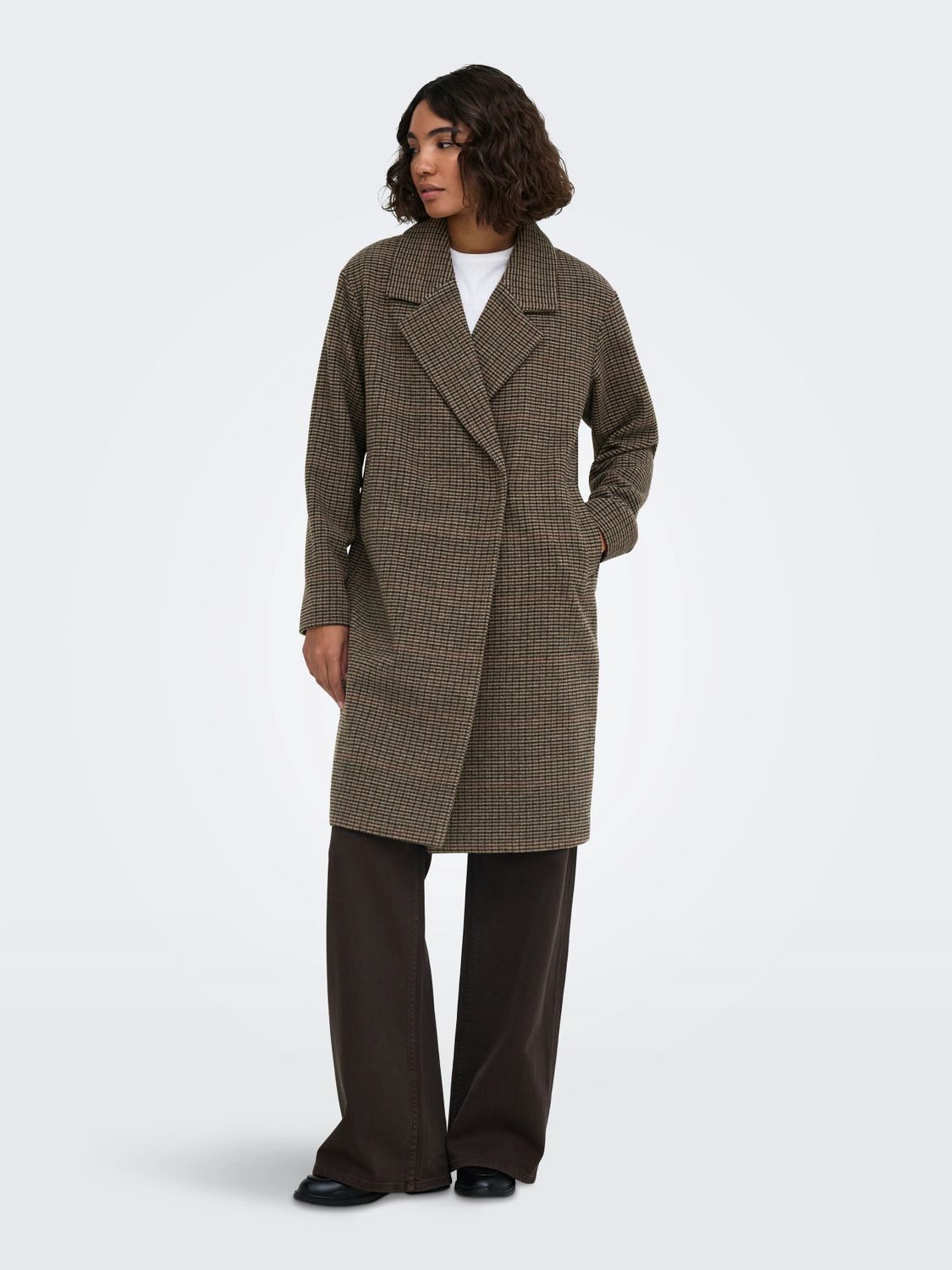 Only Manteau lainage long motif carreaux brun 15373261