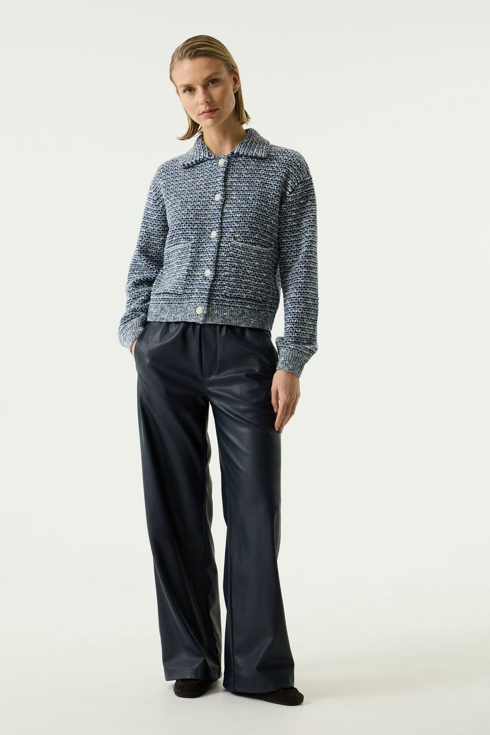 Garcia Pantalon de cuir bleu marin très foncé jambes larges et taille élastique U260111