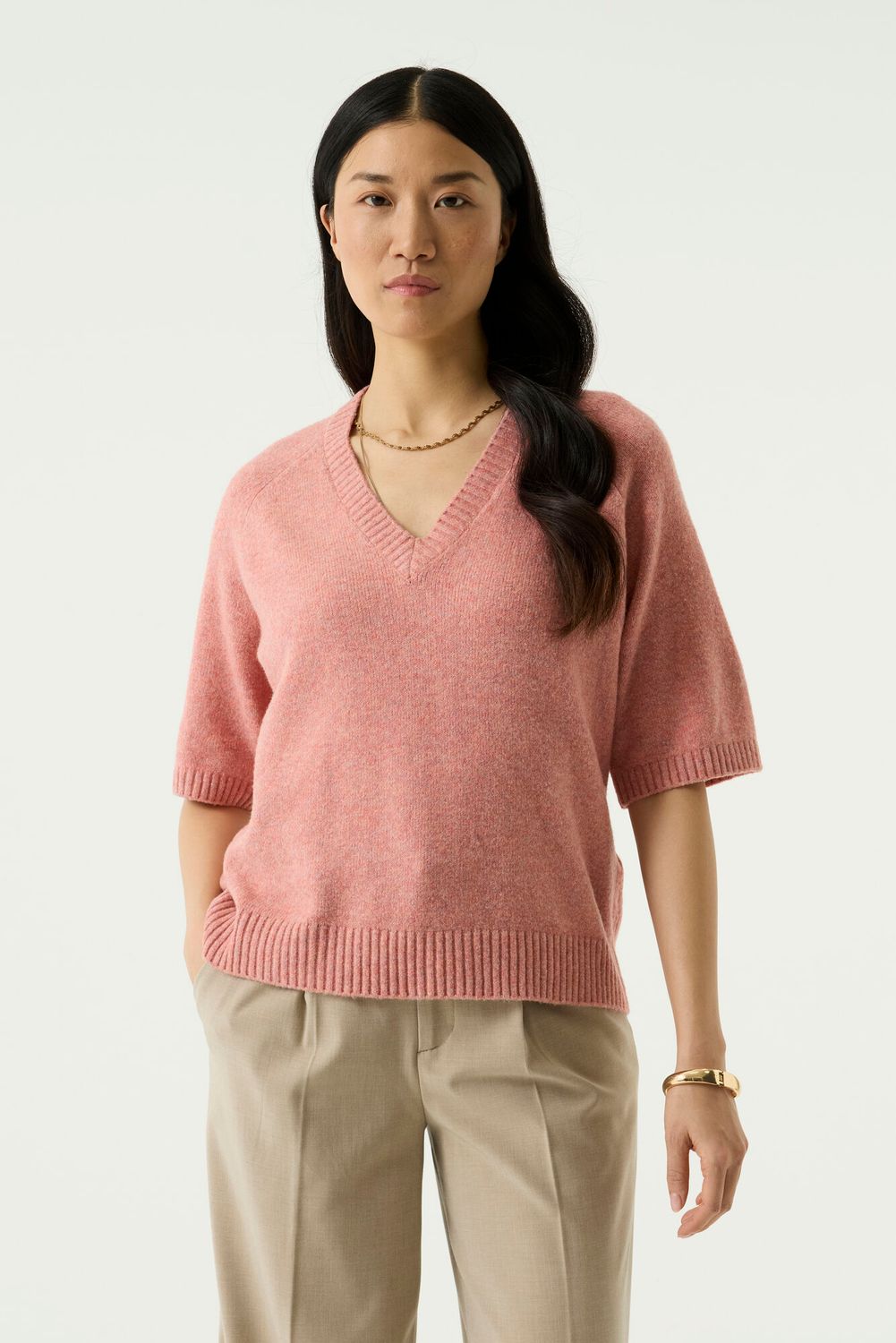 Garcia Chandail en tricot rose antique manches courtes col en V T260240