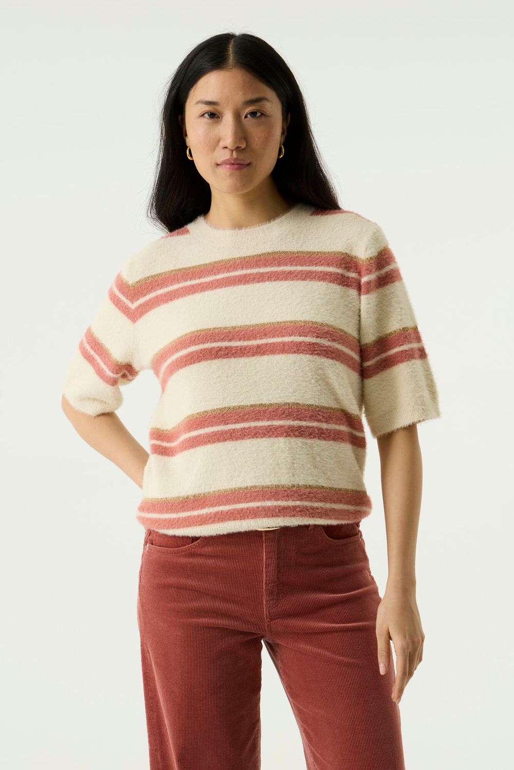 Garcia T-shirt effet duvet offwhite avec ligne rose antique et lurex doré T260245