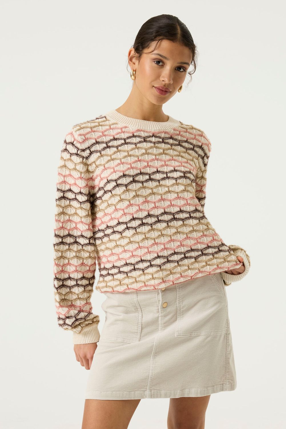 Garcia Pull manches longues tricolore taupe, brun et rose antique avec brillance T260248