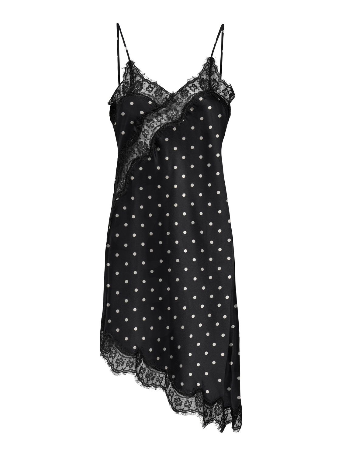 JDY Robe noir à pois blanc avec dentelle et coupe asymétrique au bas fines bretelles ajustables 15381262