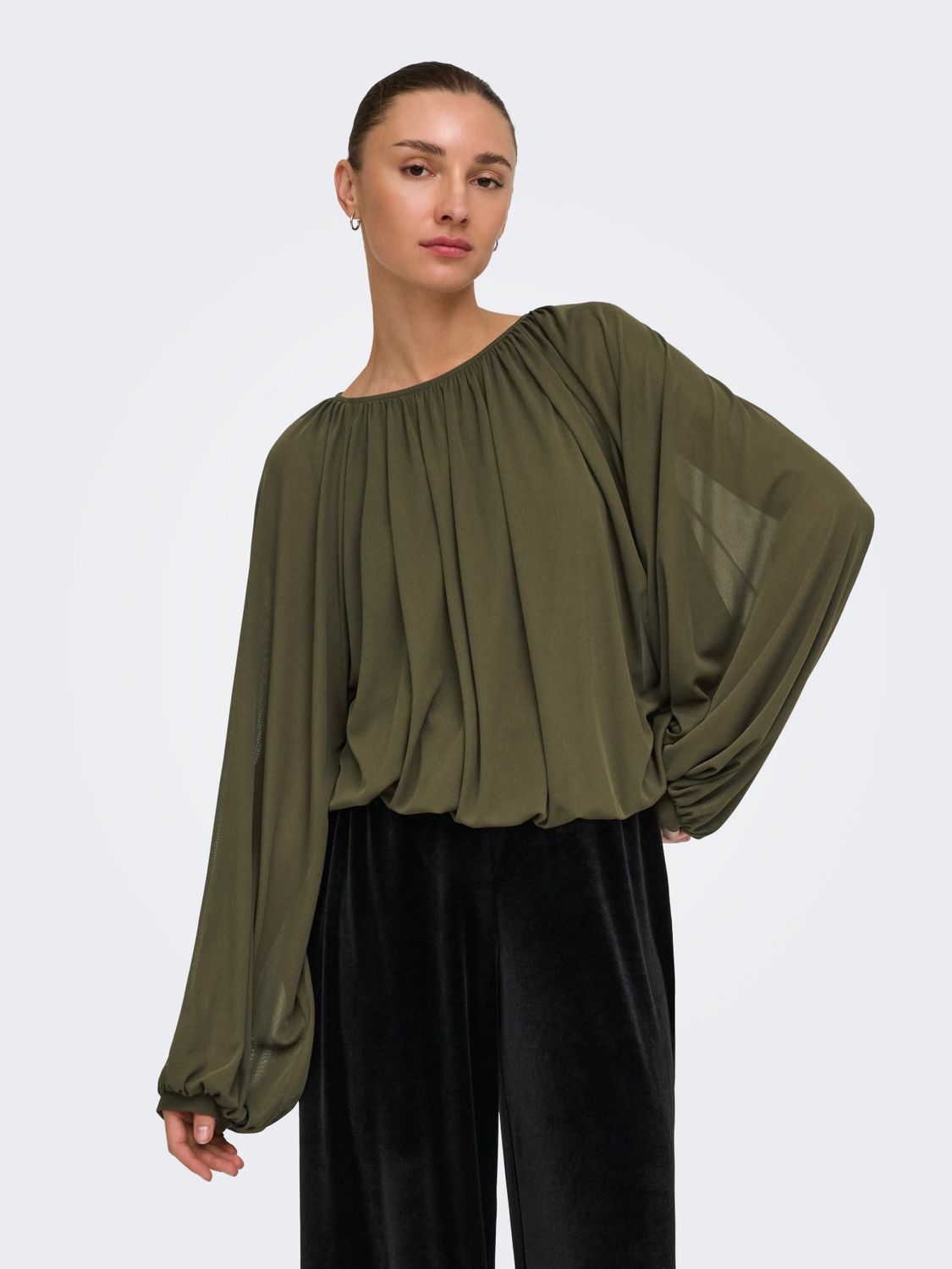 JDY Blouse vert kaki manches très bouffante en transparence et élastique à la taille 15382756