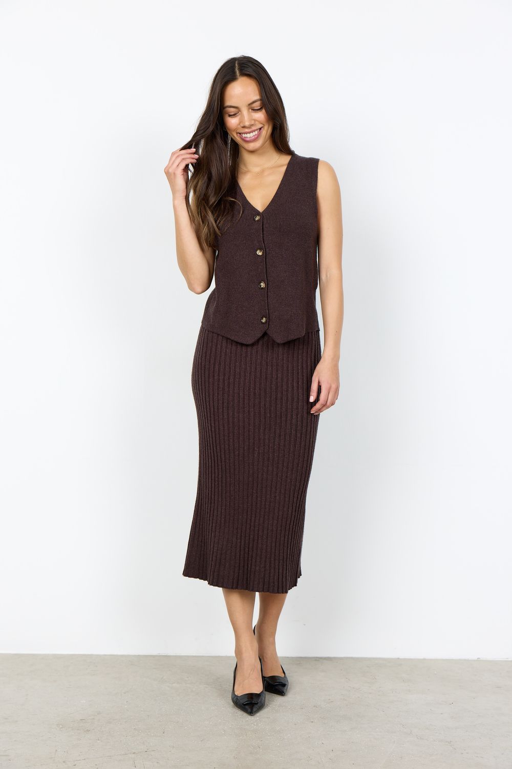 Soya Concept Jupe en tricot effet côtelée brun chocolat 33693