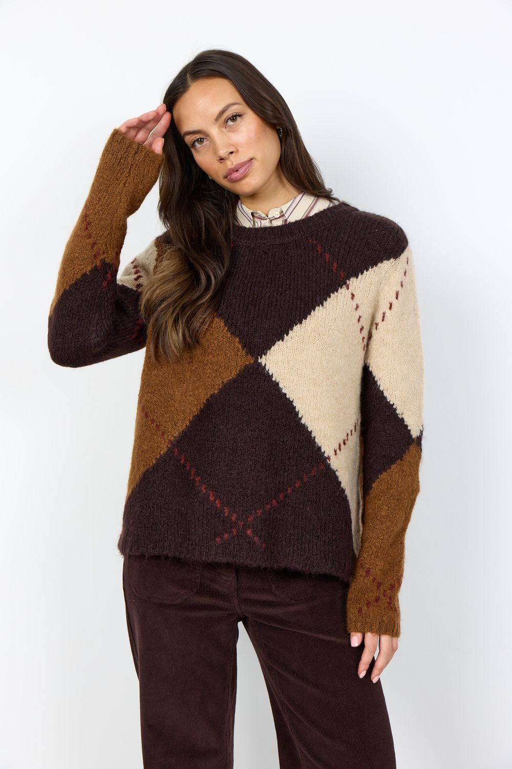 Soya Concept Chandail en tricot motif losange noir, brun et taupe 33865