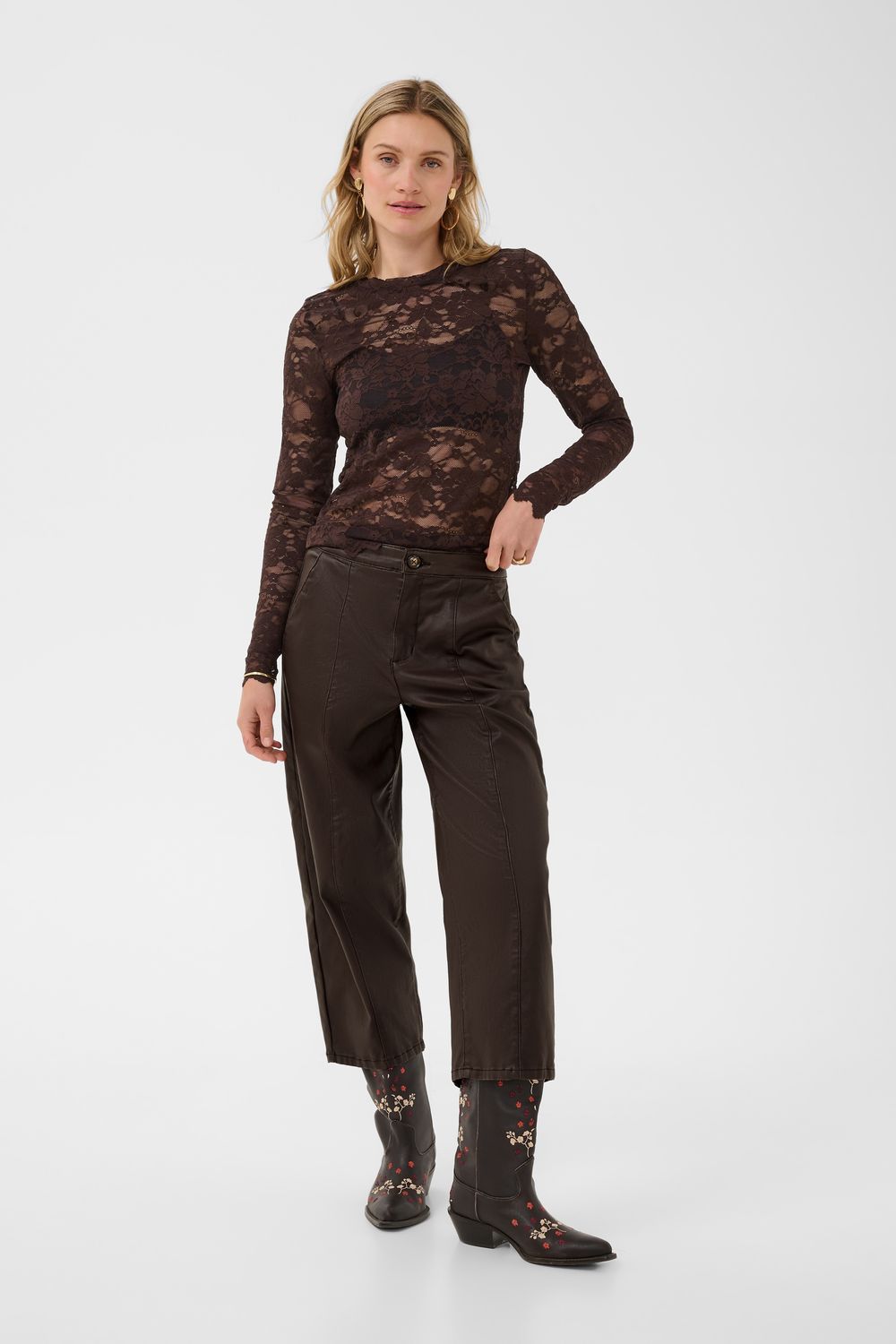 Cream Pantalon crop en cuir brun java jambes larges 10615348