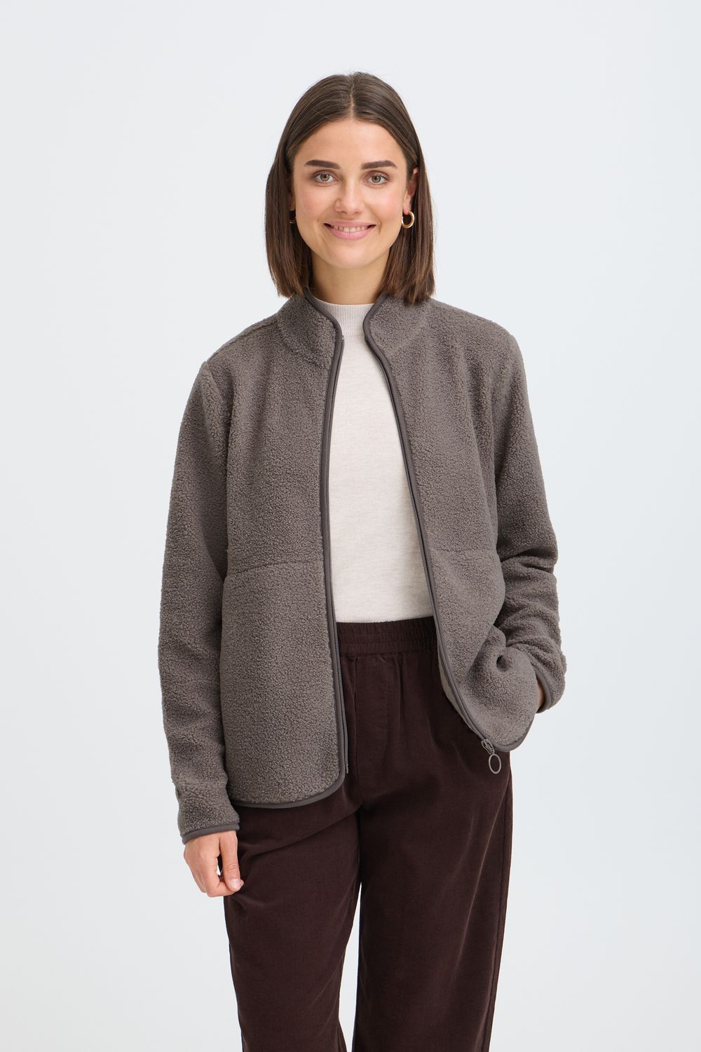 Fransa Veste à zip effet teddy couleur taupe avec poches 20618524
