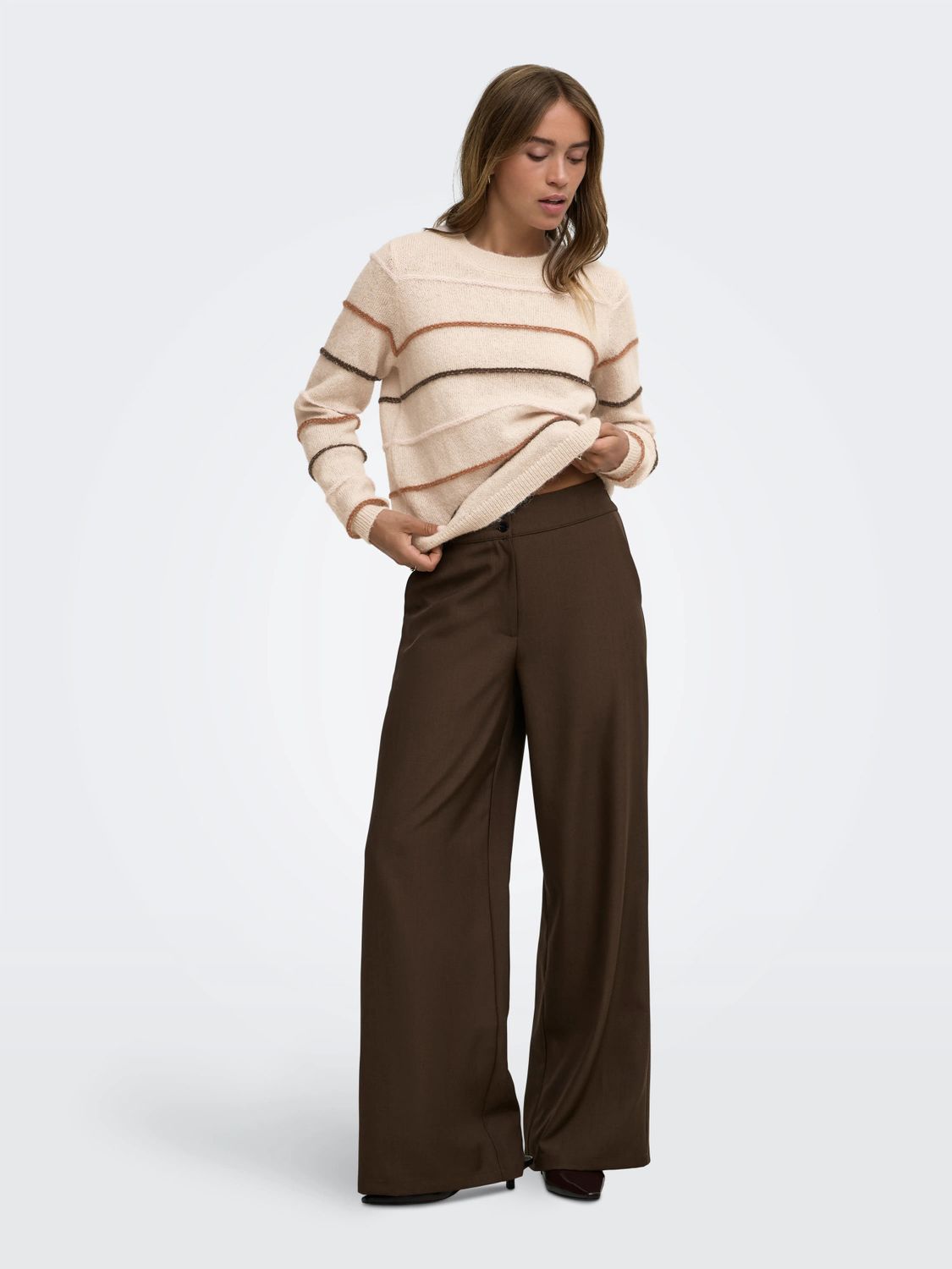 JDY Pull beigne ligné rose et caramel col rond 15376591