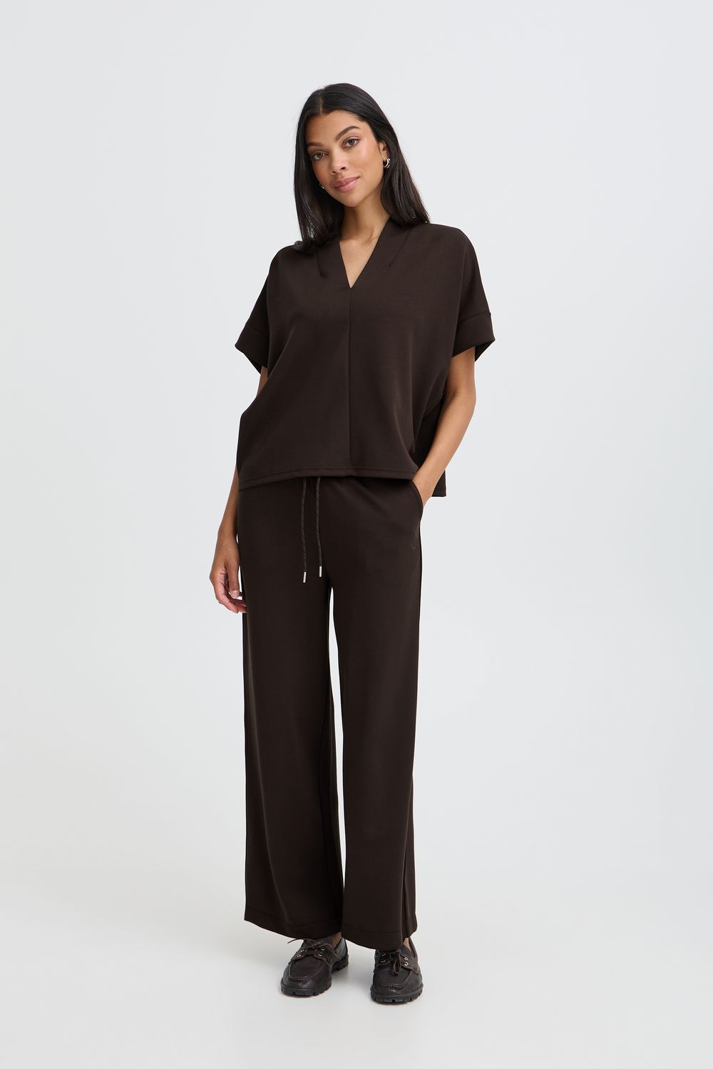 B.Young Pantalon brun java jambes larges et taille élastique avec cordon 20819667