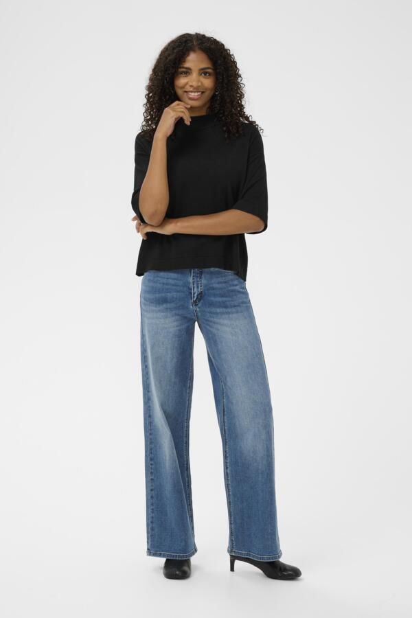Kaffe Pull tricot léger manches courtes col montant noir  10509536