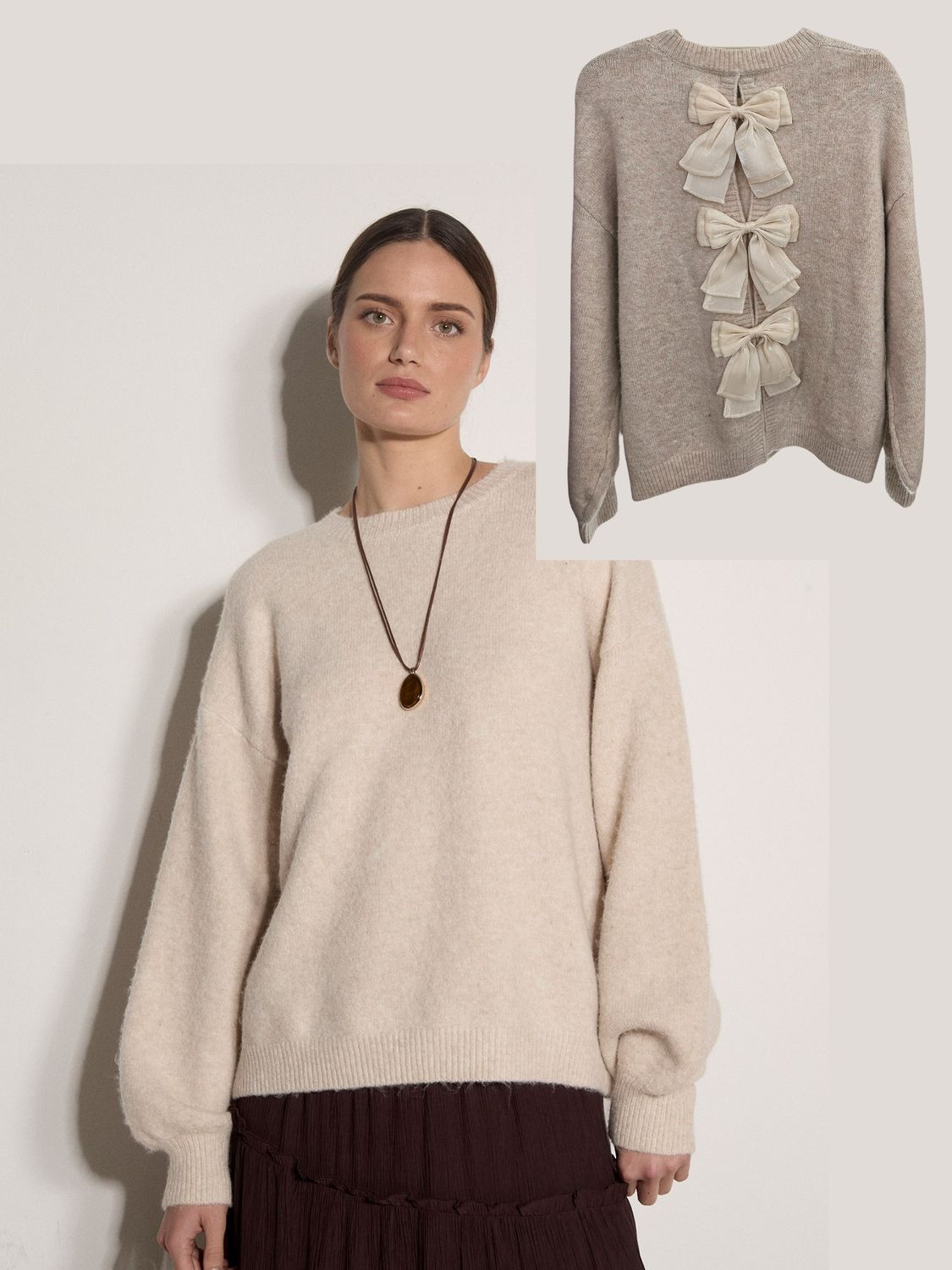 Apricot Pull tricot grège manches longues avec boucles au dos X247714