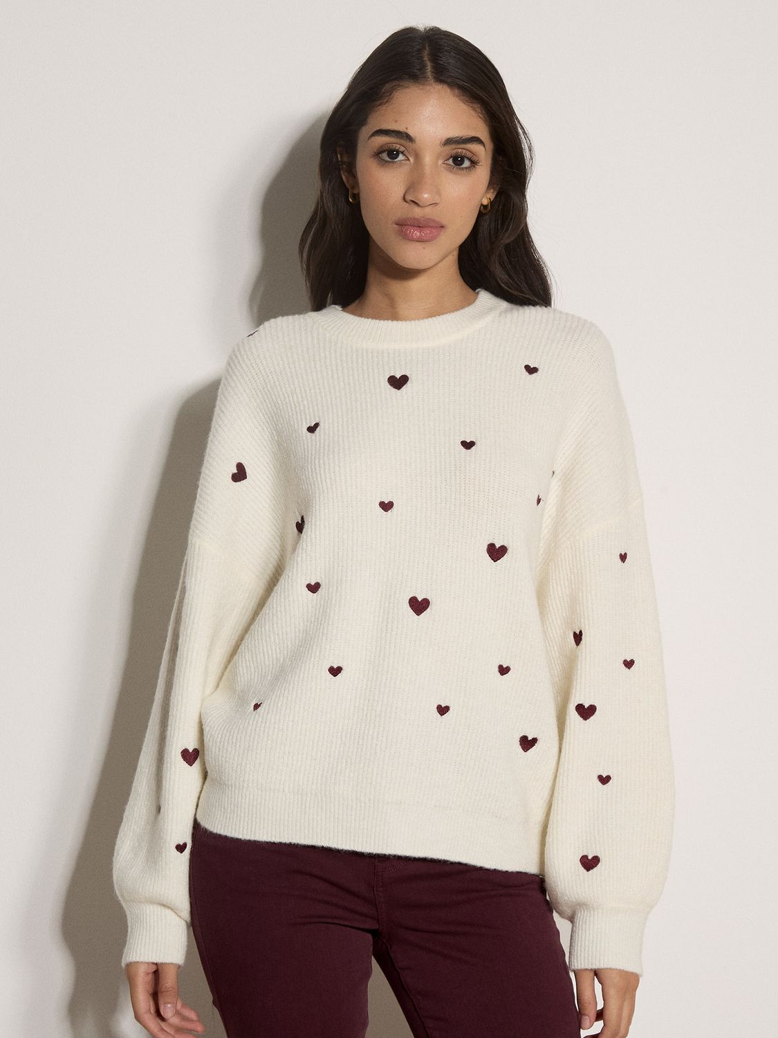 Apricot Pull tricot crème manches longues coeur bourgogne X254187