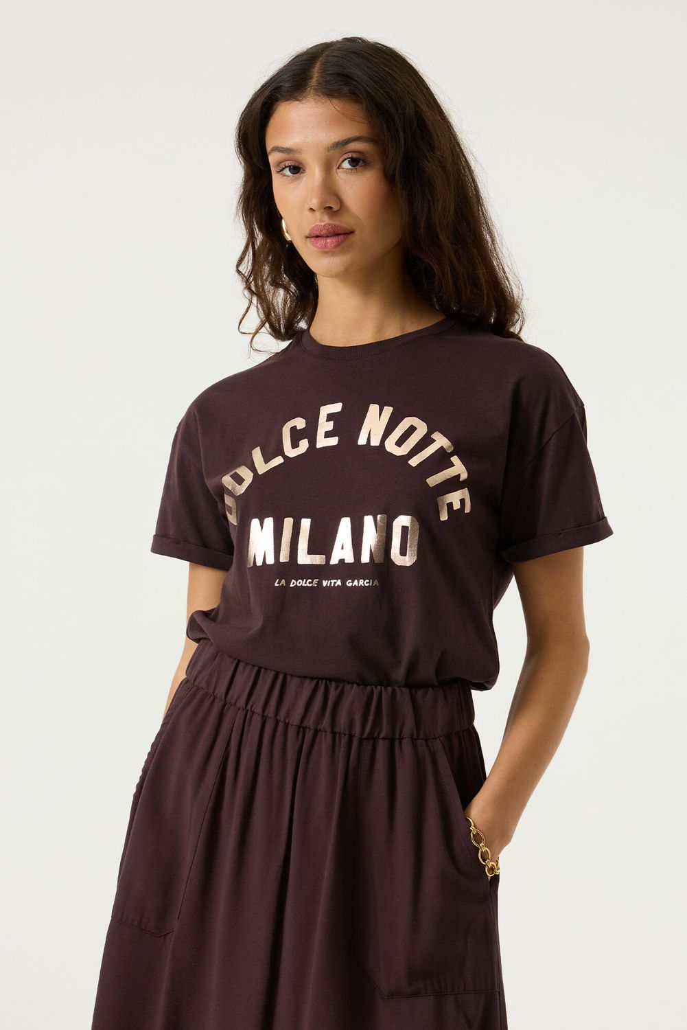 Garcia T-Shirt manches courtes col rond brun chocolat écritures MILANO S260001