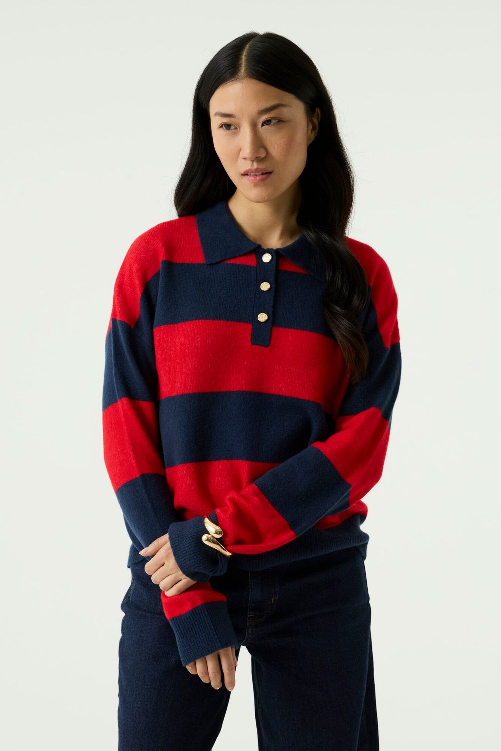 Garcia Pull manches longues col boutonné rayures rouge et marine U260042