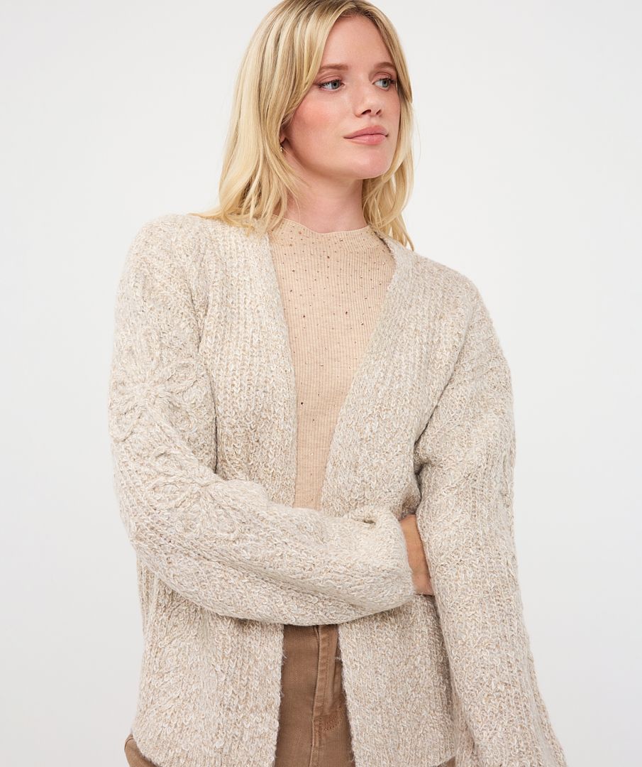 Esqualo Cardigan tricot fleurs brodées manches couleur sable 2602509