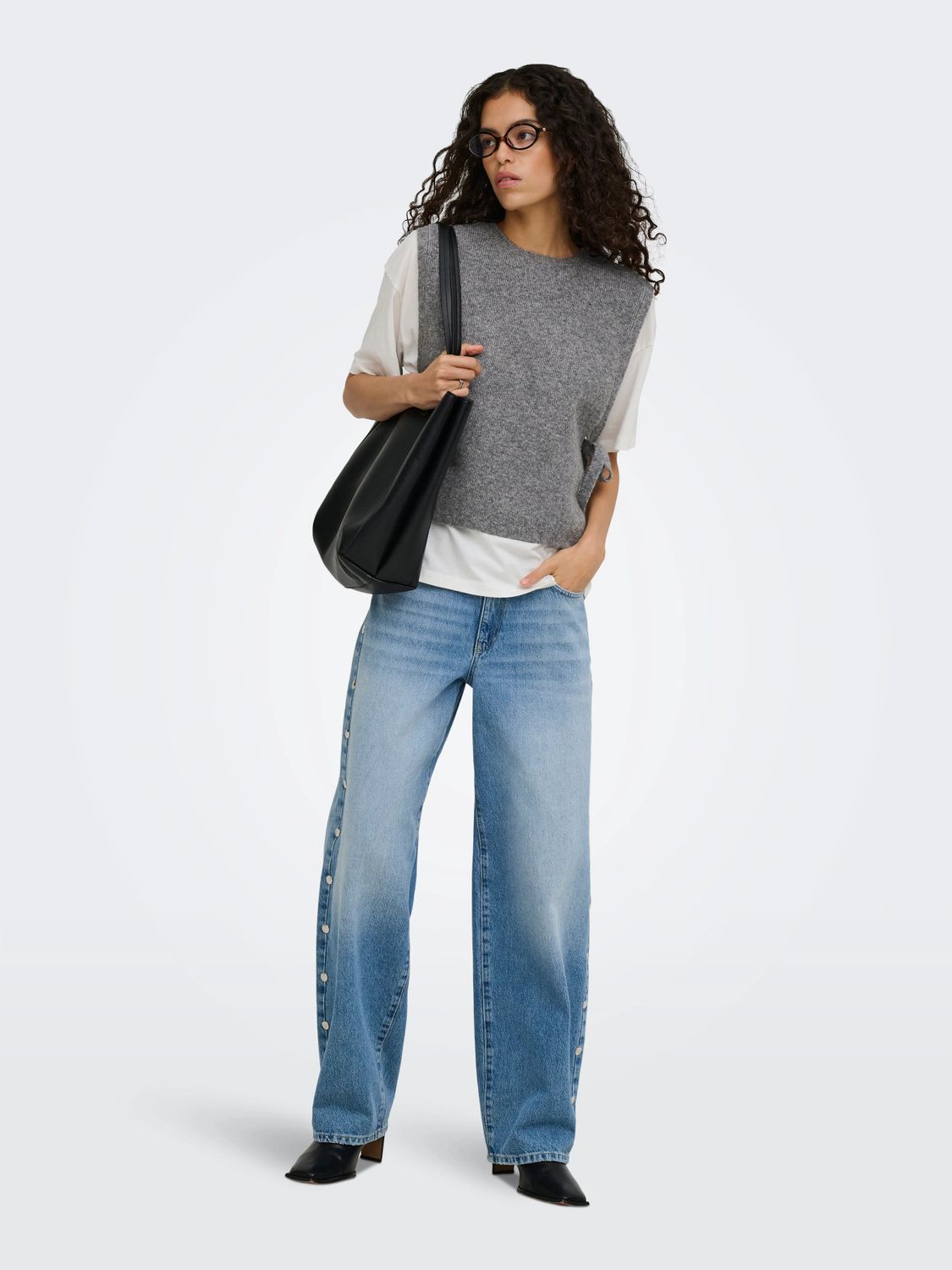Only Débardeur sans manches tricot Medium Grey Melange col rond avec boucles sur le côté 15382549
