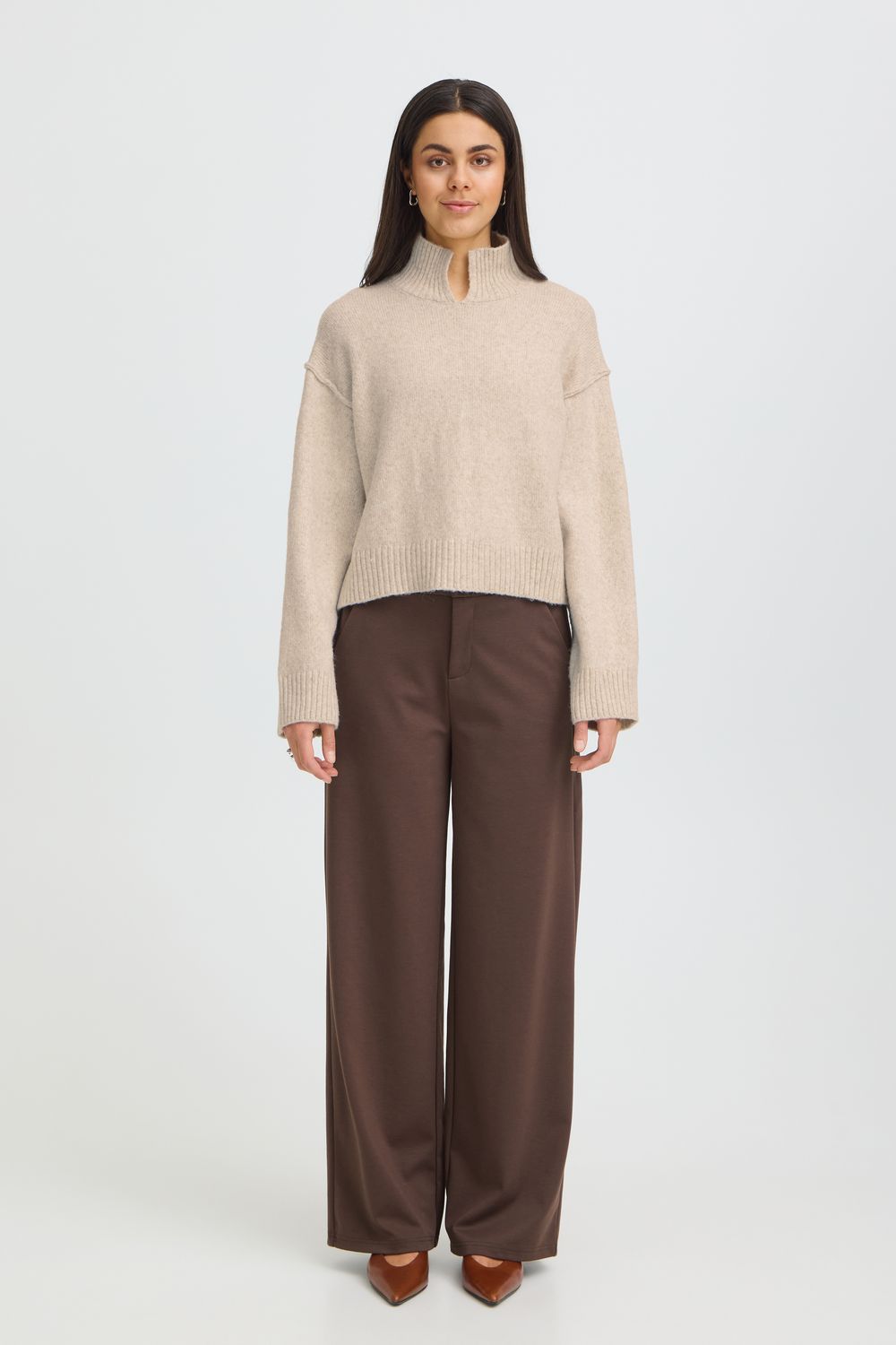 Fransa Chandail en tricot oatmeal mélange avec col montant 20618302