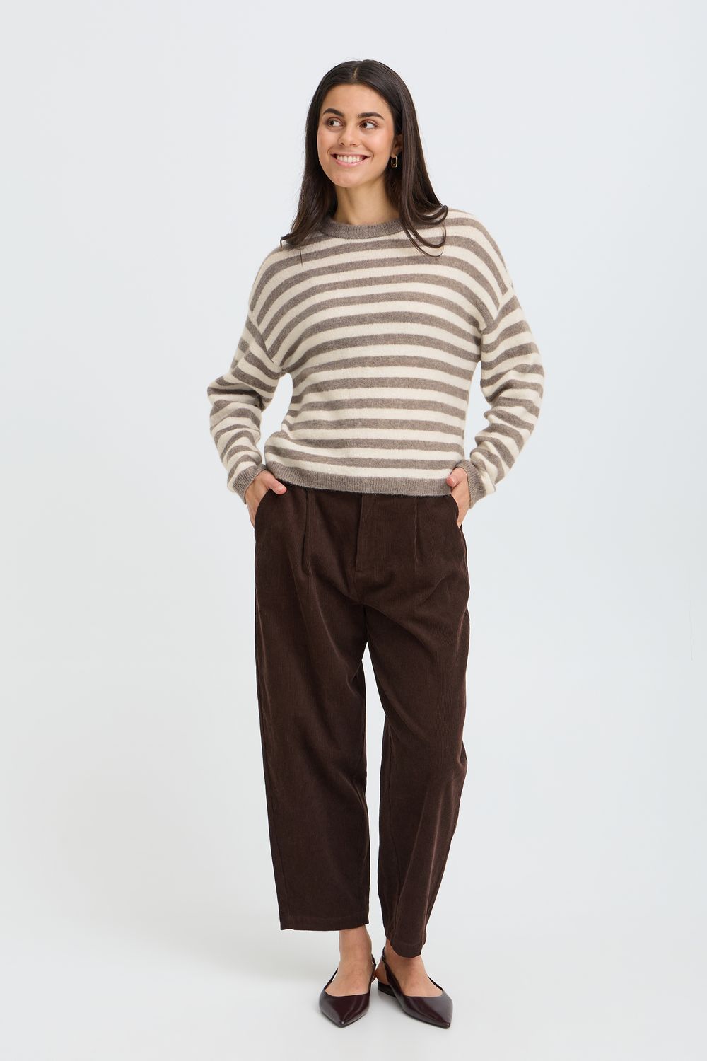 Fransa Pull manches longues avoine à rayures taupe col rond 20618351