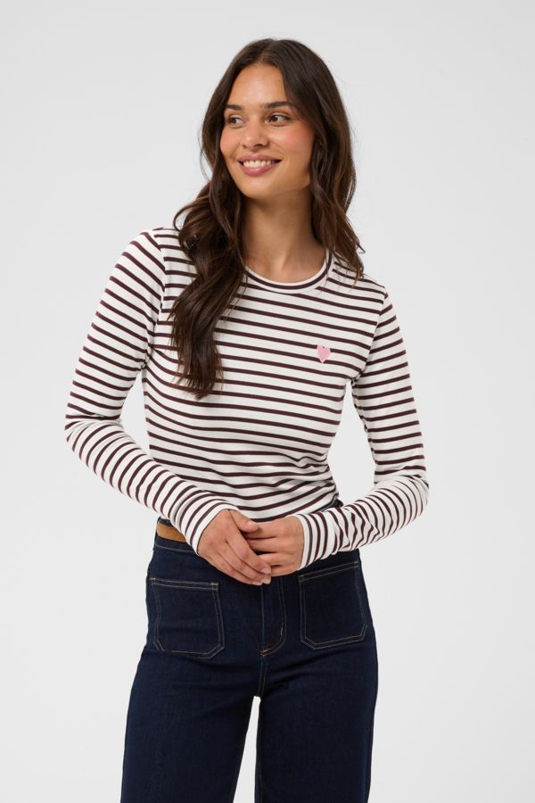 Kaffe Chandail manches longues offwhite rayures Fudge avec coeur rose 10502821
