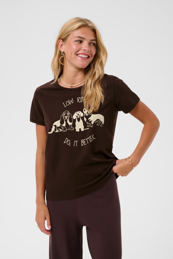 Cream T-Shirt manches courtes col rond Brun Java imprimé chien crème 10615492