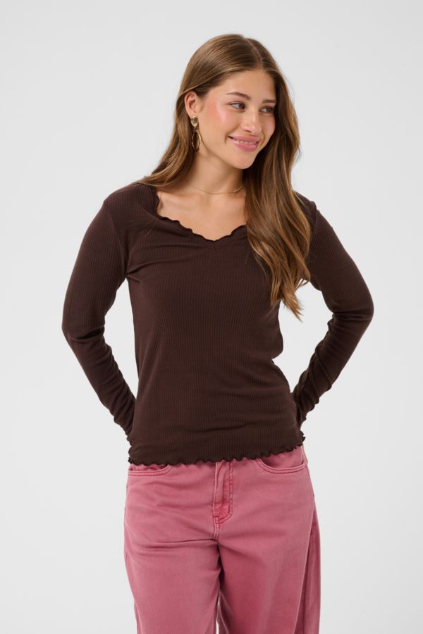Cream Chandail rib manches longues col V détail frison Brun Java 10615480