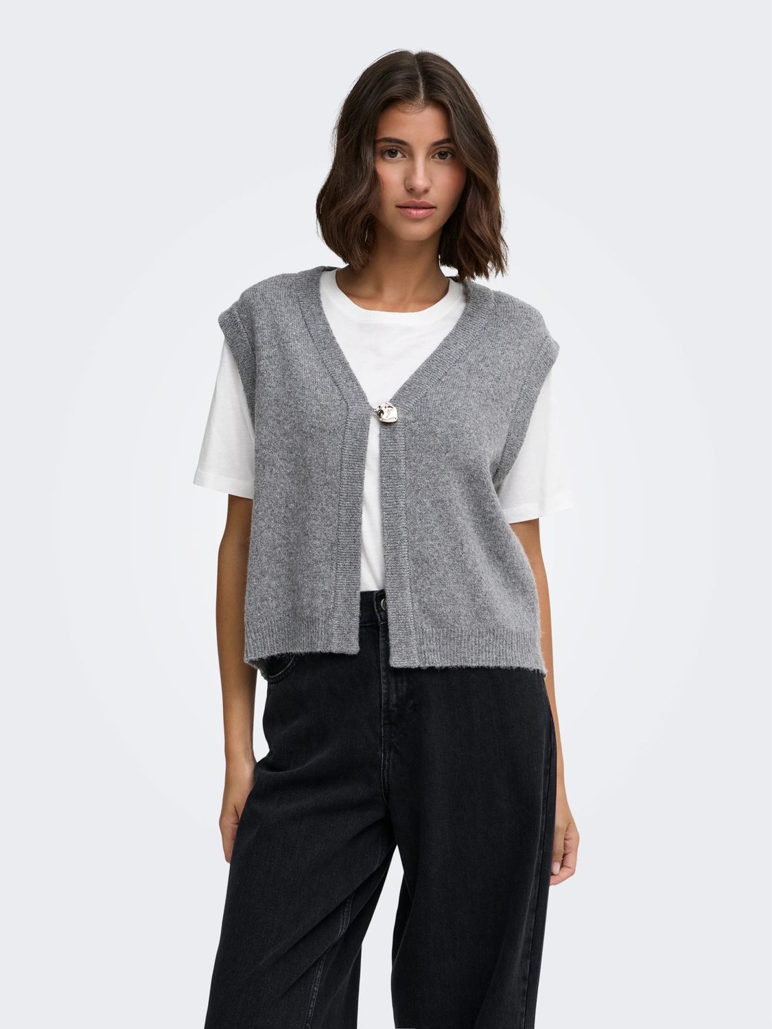 JDY Débardeur tricot gris melange avec bouton argent 15376600