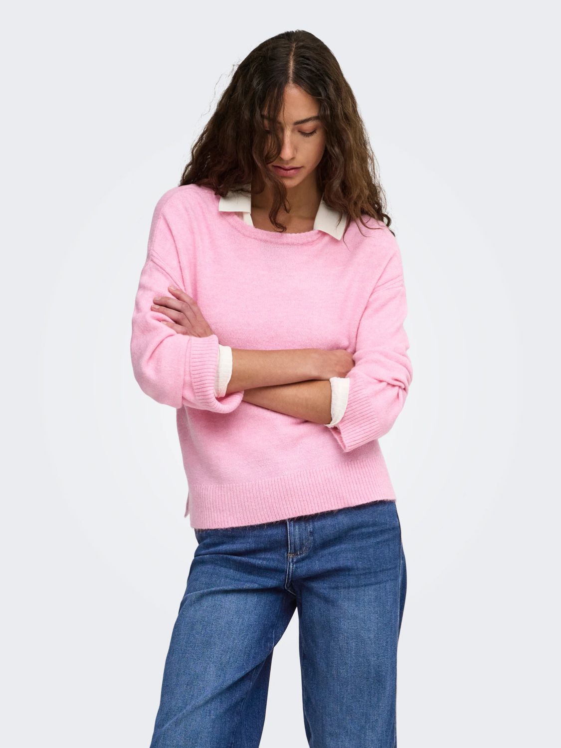 Only Pull tricot manches longues col rond Rose bonbon 15382211