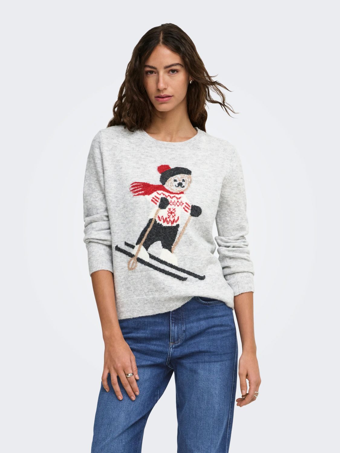 Only Pull tricot manches longues col rond gris melange imprimé ourson 15381322