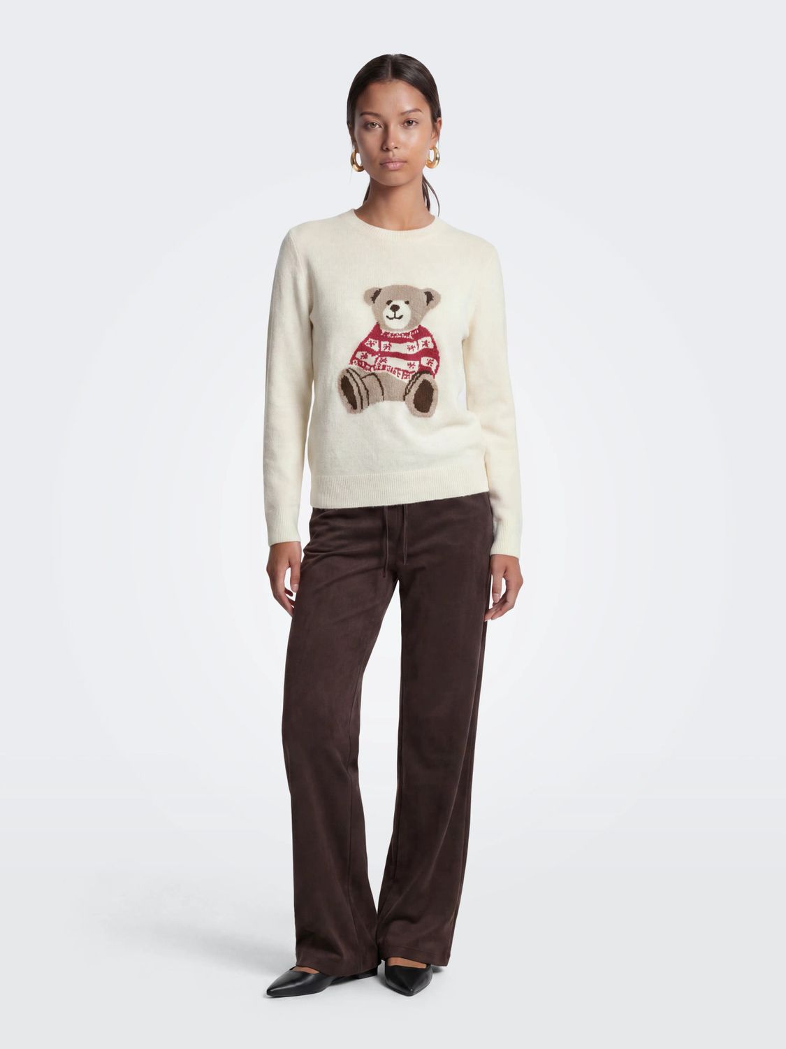Only Pull tricot manches longues col rond crème imprimé ourson 15381322