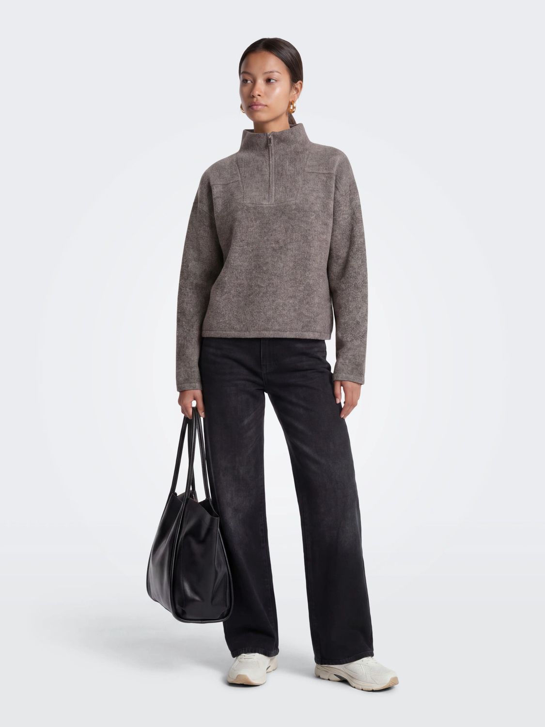 Only Pull tricot brun mélange manches longues évasées col demi-zip 15378495