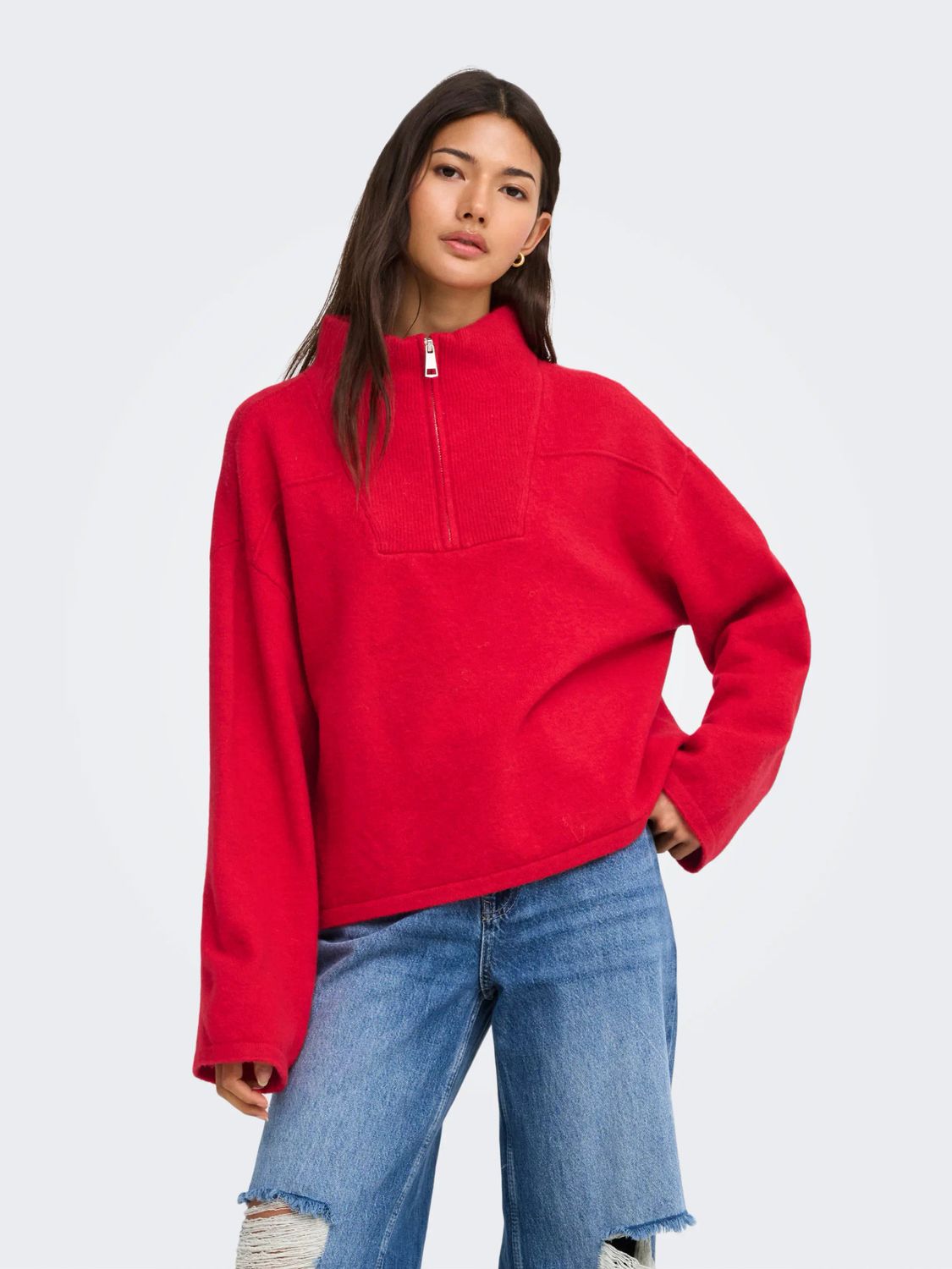 Only Chandail pull tricot rouge manches longues évasées demi-zip 15378495