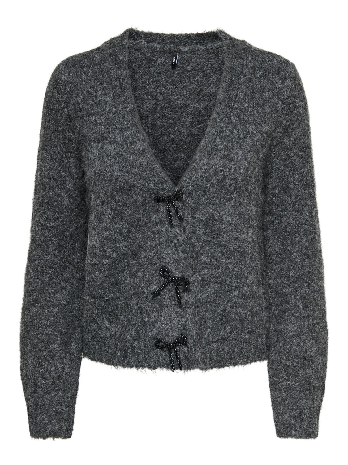 Only Cardigan gris mélange tricot lainage bouton boucle perle noire 15382143