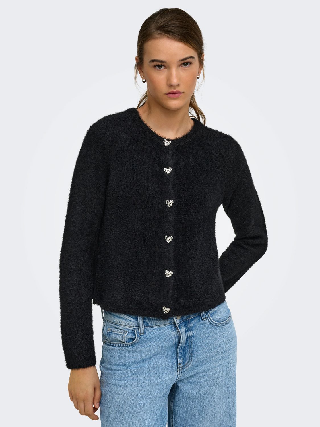 Only Cardigan tricot poilu très doux manches longues noir boutons coeur 15374812