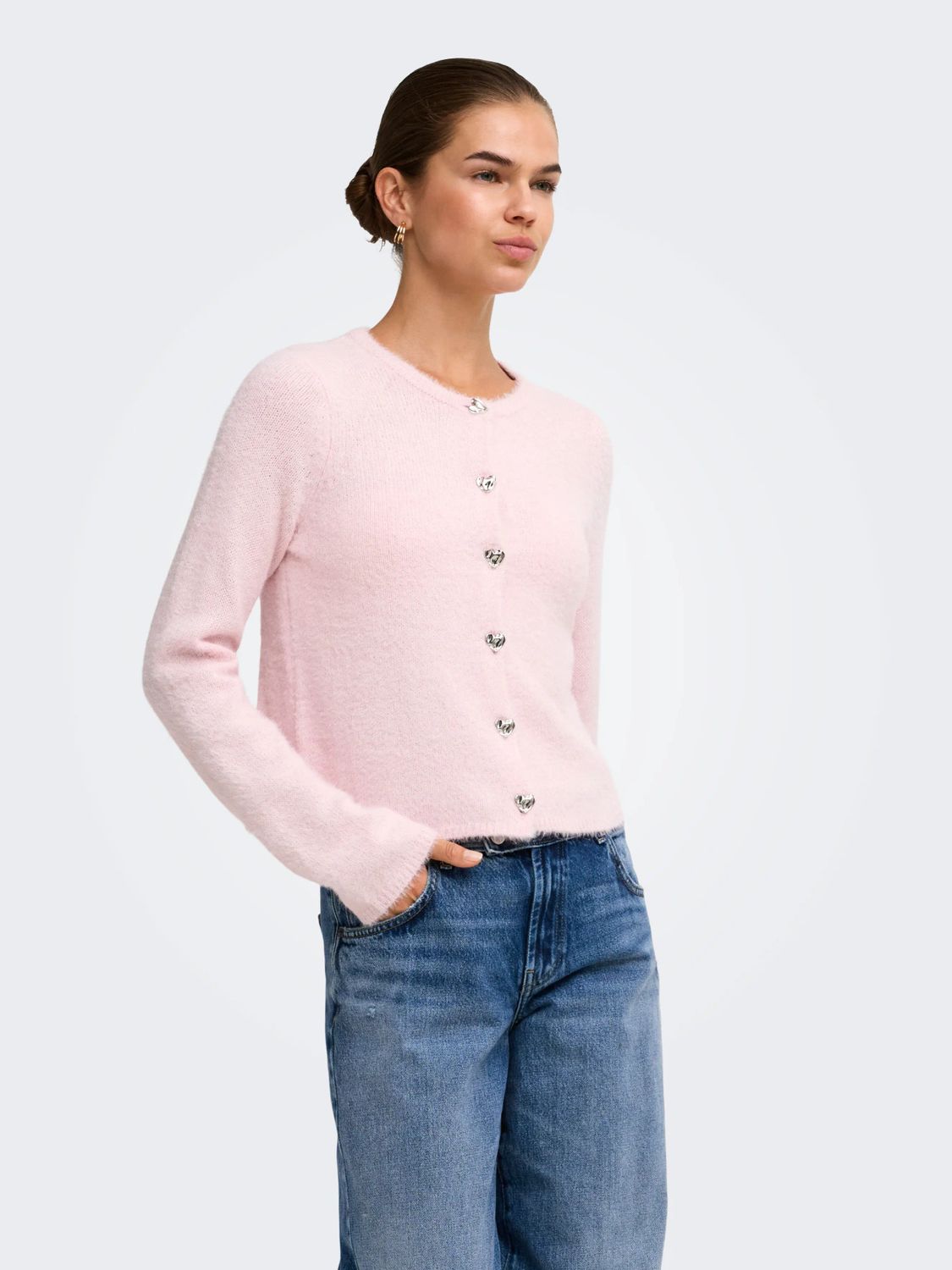 Only Cardigan tricot poilu très doux manches longues rose bouton coeur 15374812