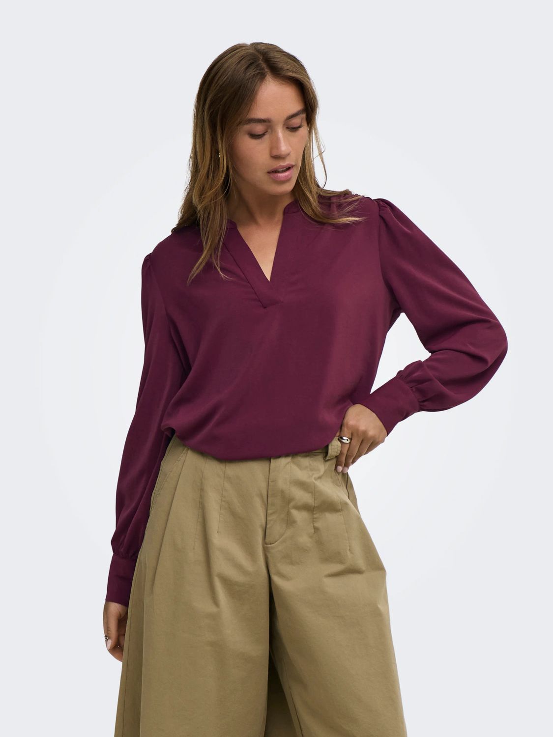 JDY Blouse manches longues col V rouge vin 15382837