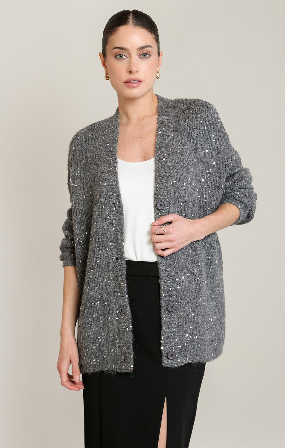 Black Tape Cardigan tricot long gris moyen avec détail paillettes 2827255