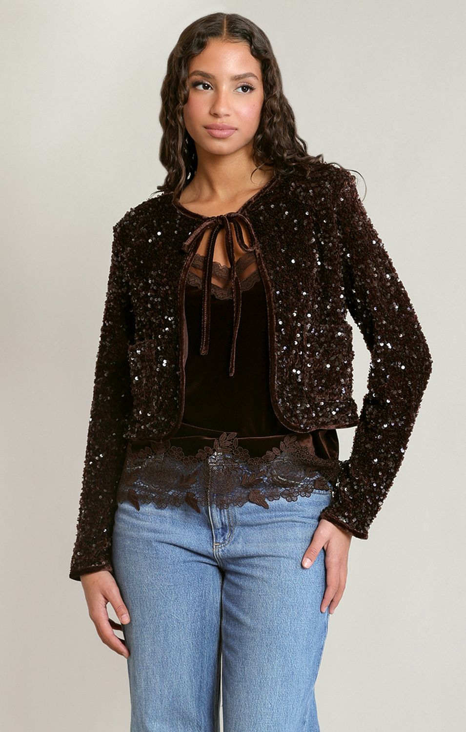 Dex Veste cardigan détail velours attache boucle avant paillettes brun chocolat 2829521