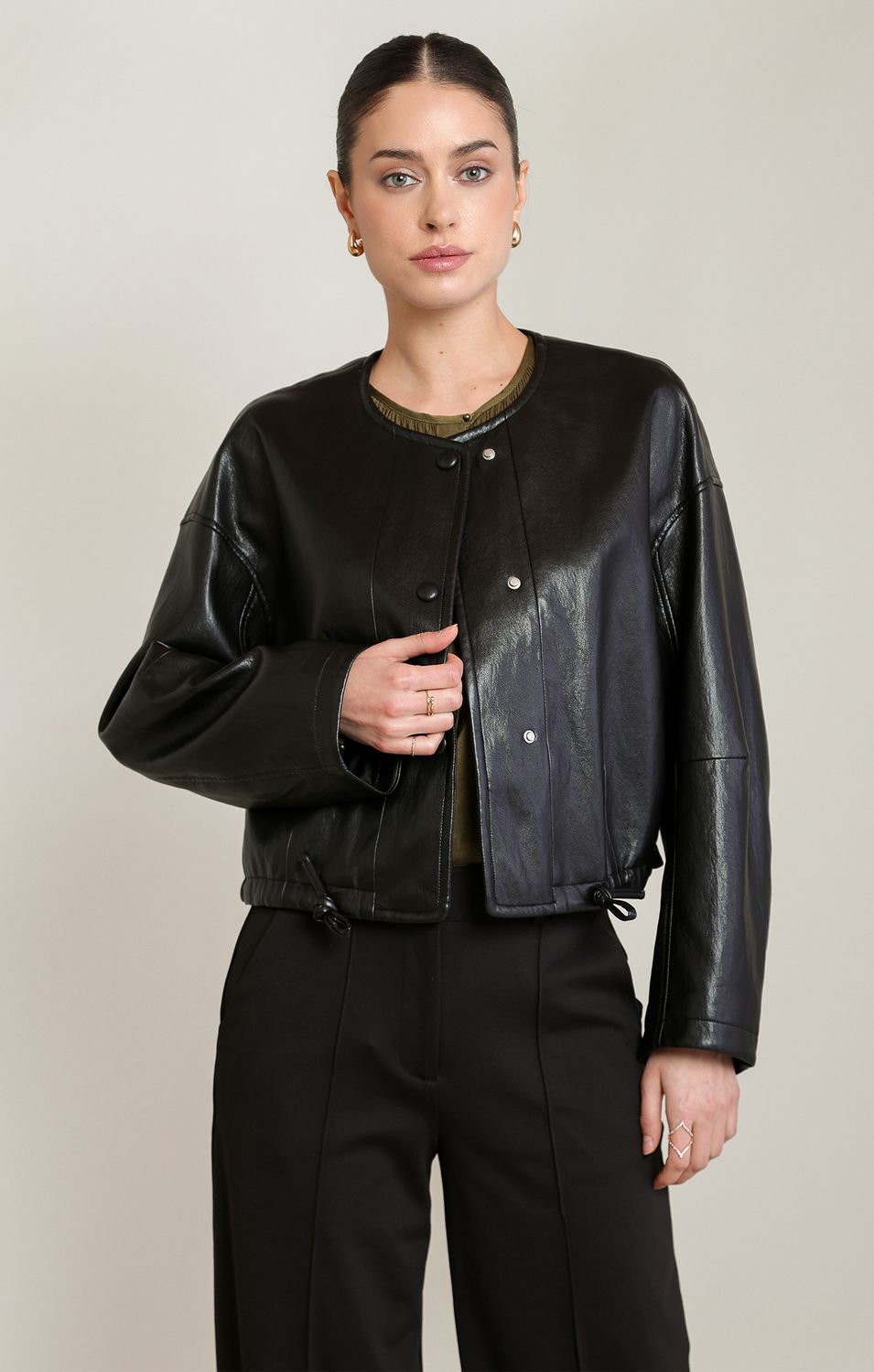 Black Tape Jacket cuir vegan noir sans col cordon au bas pour ajustement 2829514