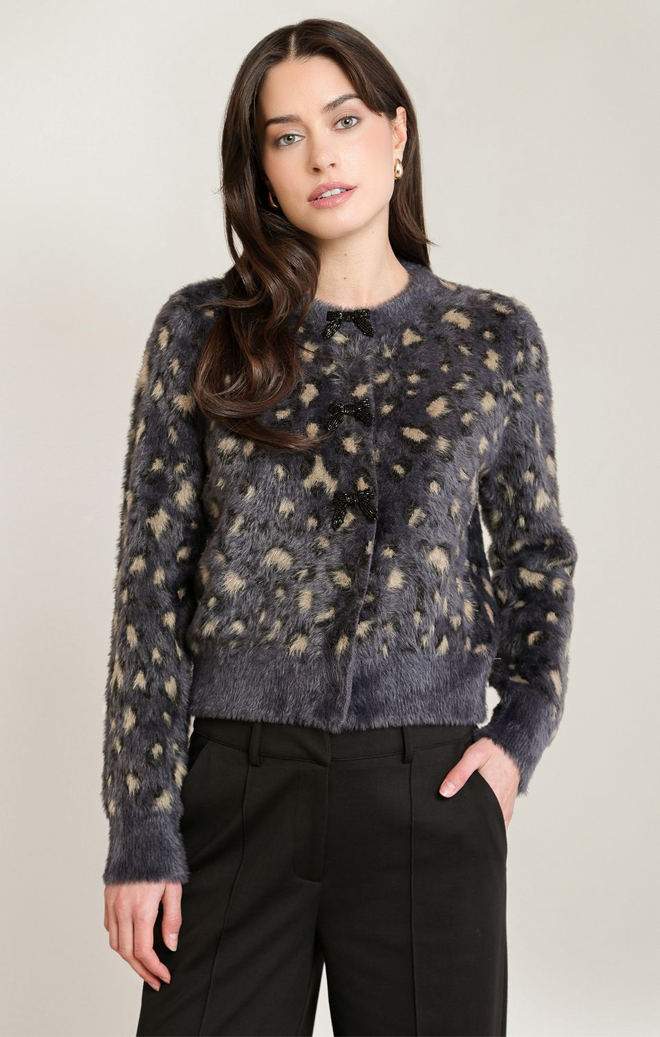 Black Tape Cardigan gris charcoal motif léopard avec bouton boucle noir 2827271