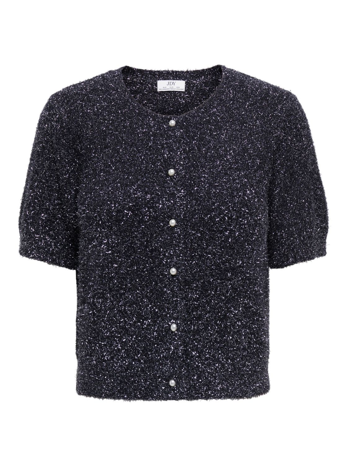 JDY Cardigan noir fil lurex argent manches courtes boutons perles 15382915