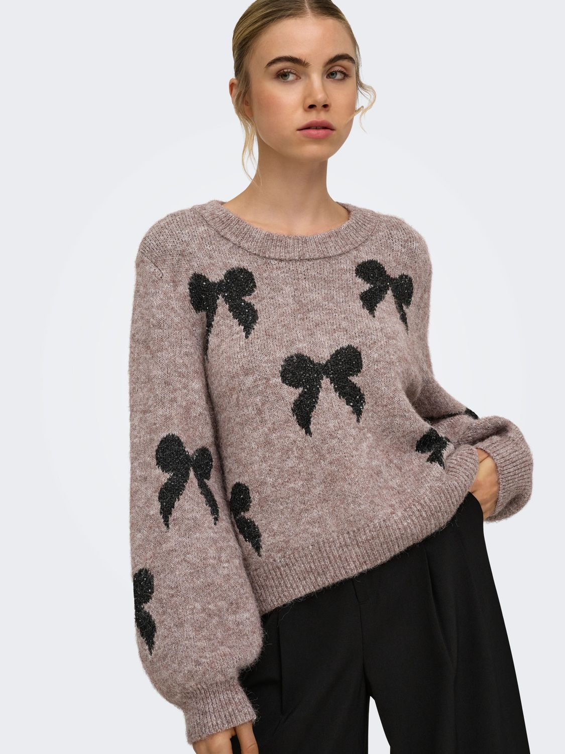 Only Pull tricot taupe/brun mélange boucle noire paillettes 15384441