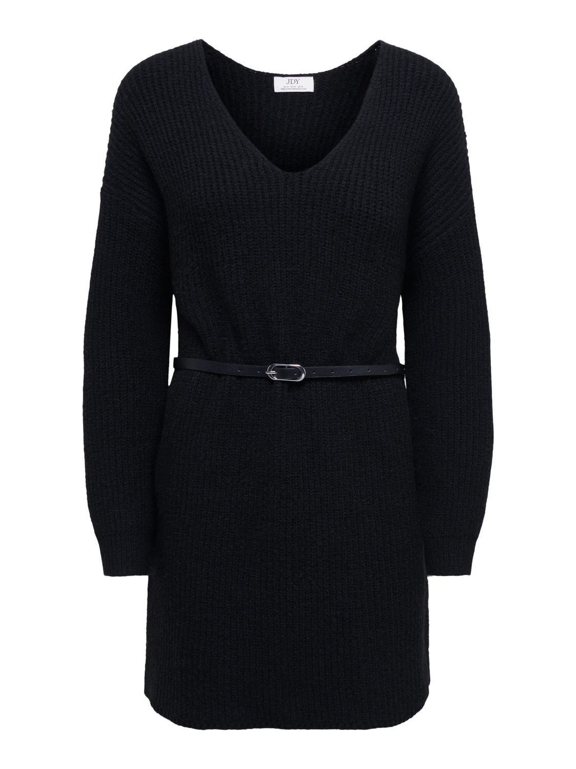 JDY Robe noire tricot col V manches longues avec ceinture 15379807