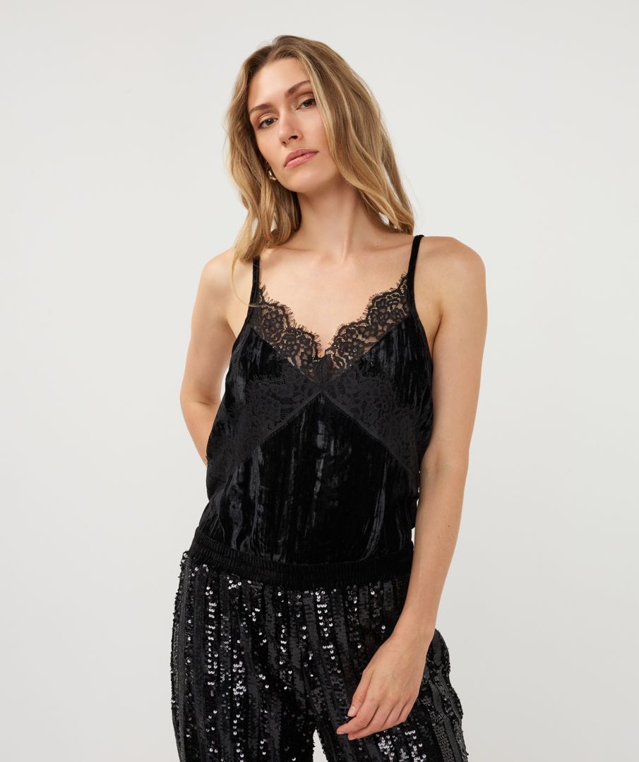 Esqualo Camisole en velours noir avec détails de dentelle et fines bretelles ajustables 2628718
