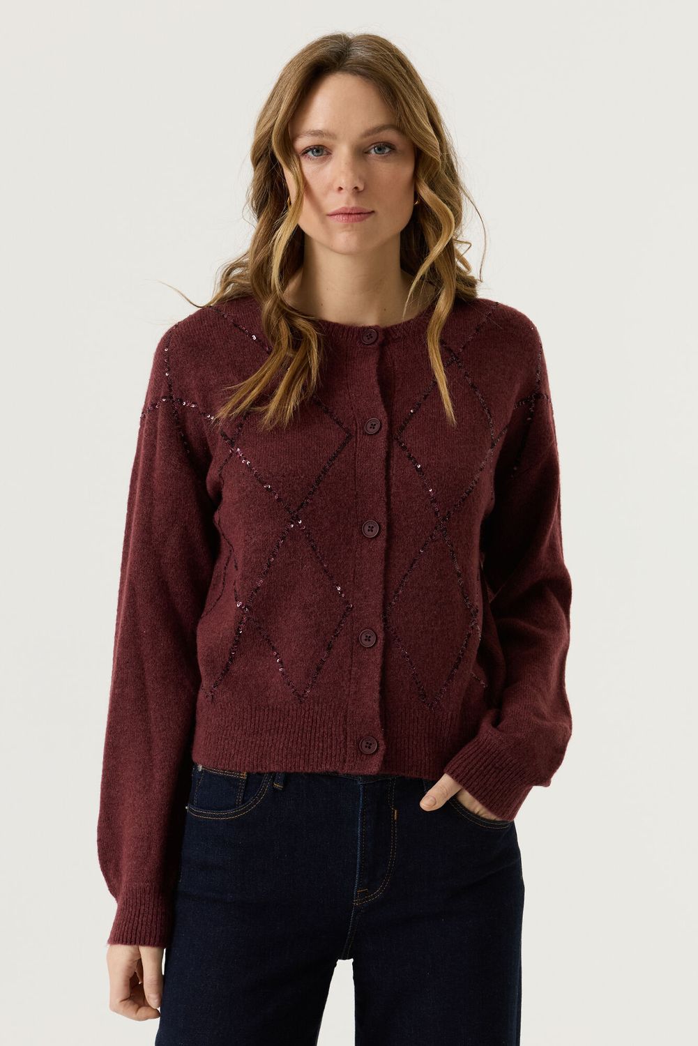 Garcia Cardigan bordeaux avec lignes de paillettes mauves V260251
