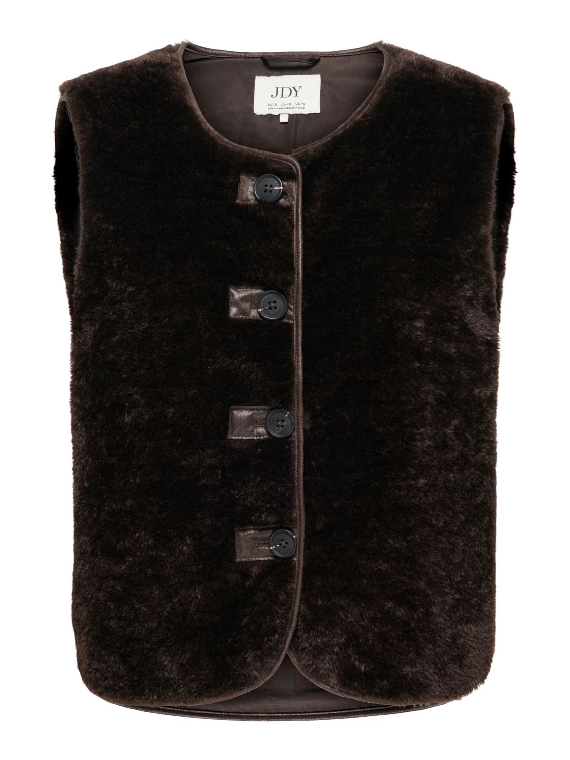 JDY Veste fausse fourrure brun chocolat sans manches boutonnée détail bordure cuir vegan 15382950