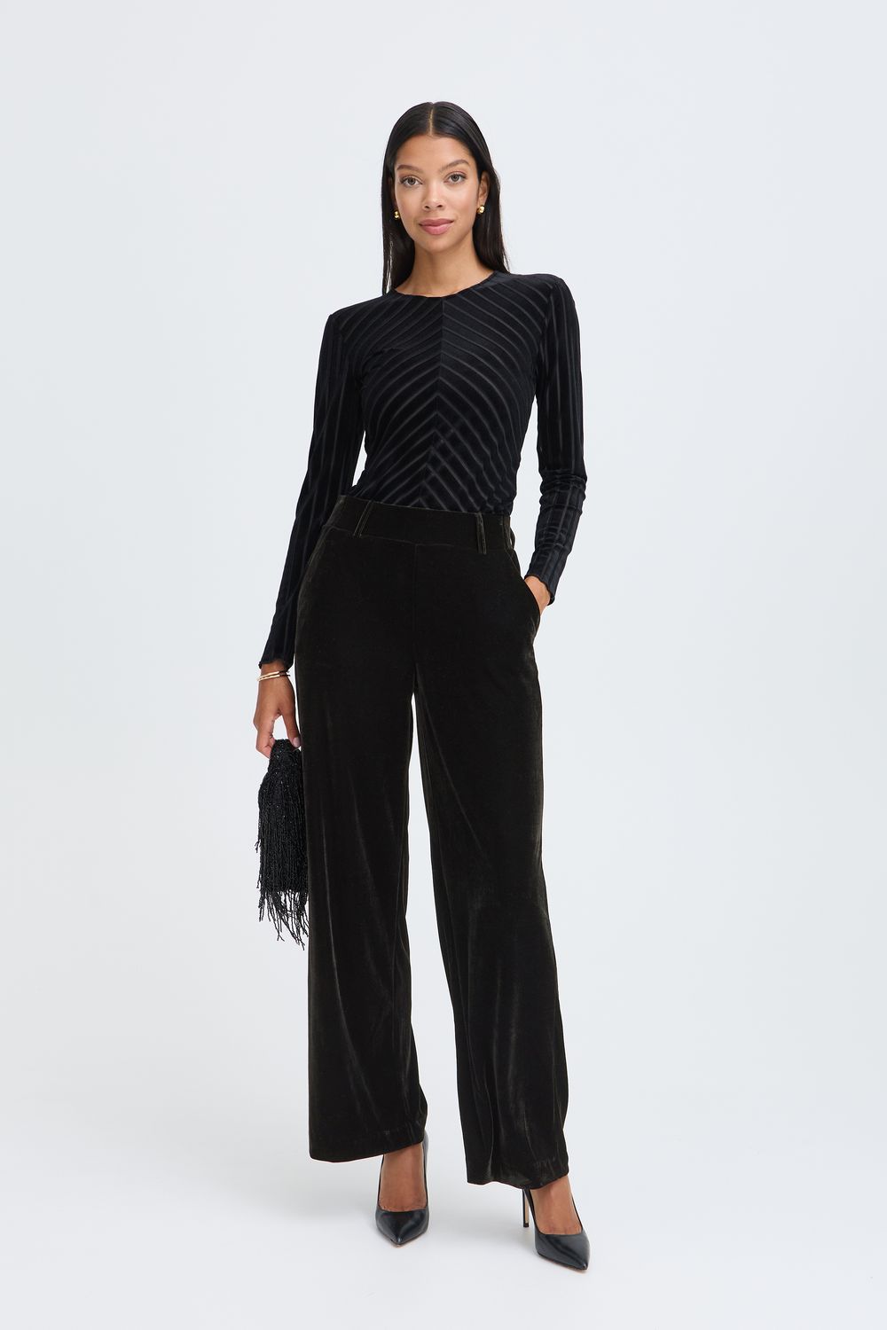 B.Young Pantalon noir en velours jambes larges avec poches 20819820